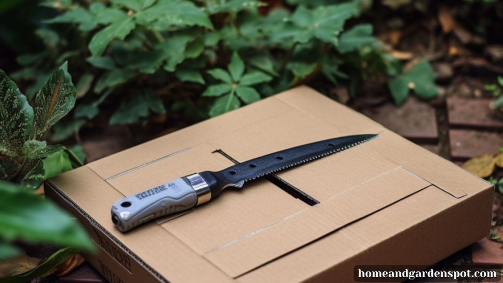 a box cutter lying on top of a cardboard to be used as compost in a garden