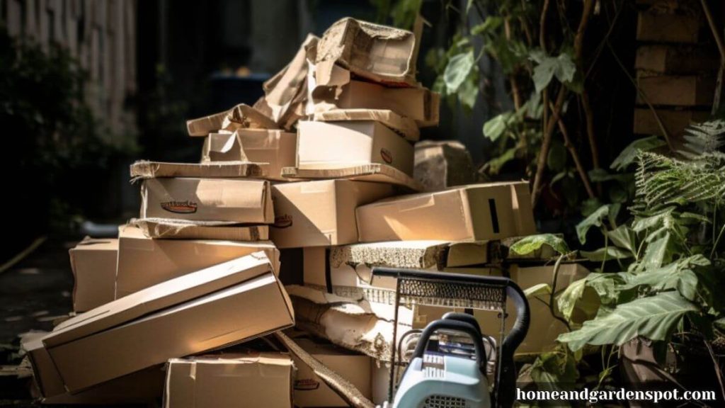 a chainsaw lying next to a huge pile of cardboards that are about yo be used for composting in a garden