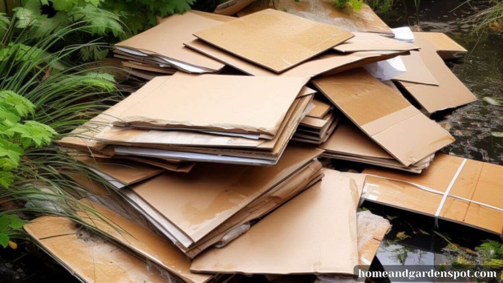 a huge pile of wet cardboard ready to be shredded for composting in a garden